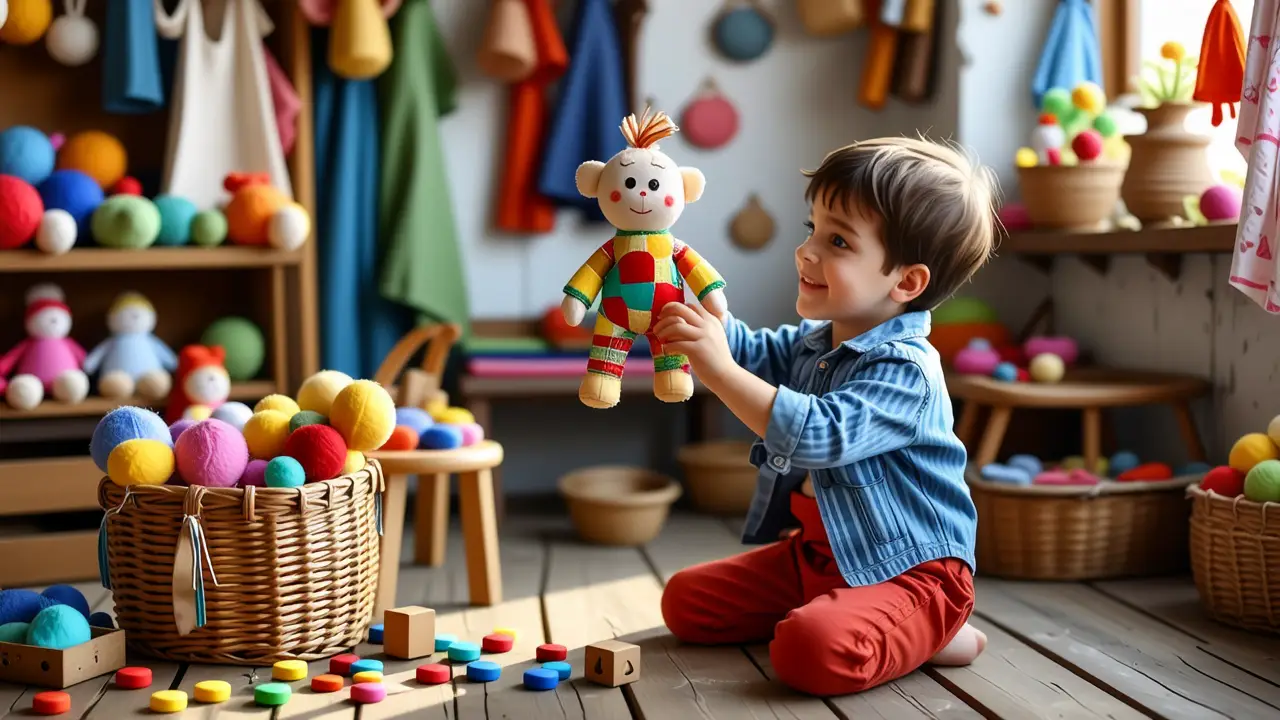 Como hacer muñecos de trapo fáciles y creativos 3 Un niño español interactúa con su marioneta en un taller cálido