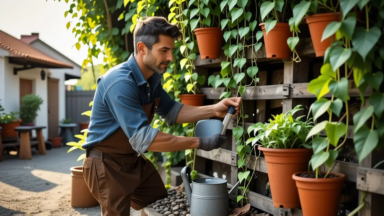 Como hacer jardín vertical casero económico: guía fácil 2 Un hombre español contempla su jardín tranquilo