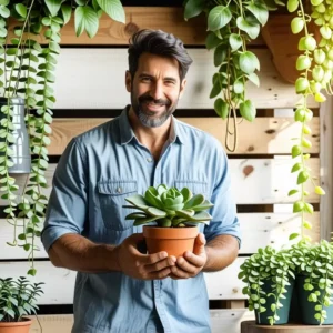 Un hombre sonriente cuida plantas en rusticidad cálida