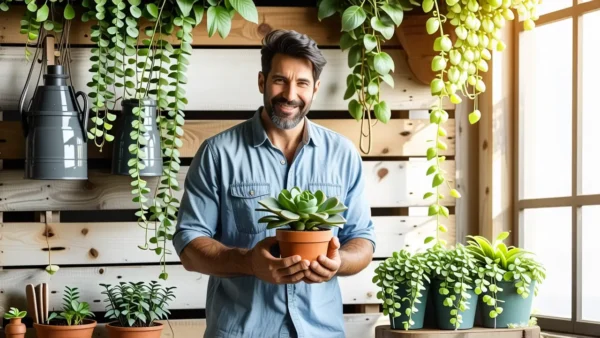 Un hombre sonriente cuida plantas en rusticidad cálida