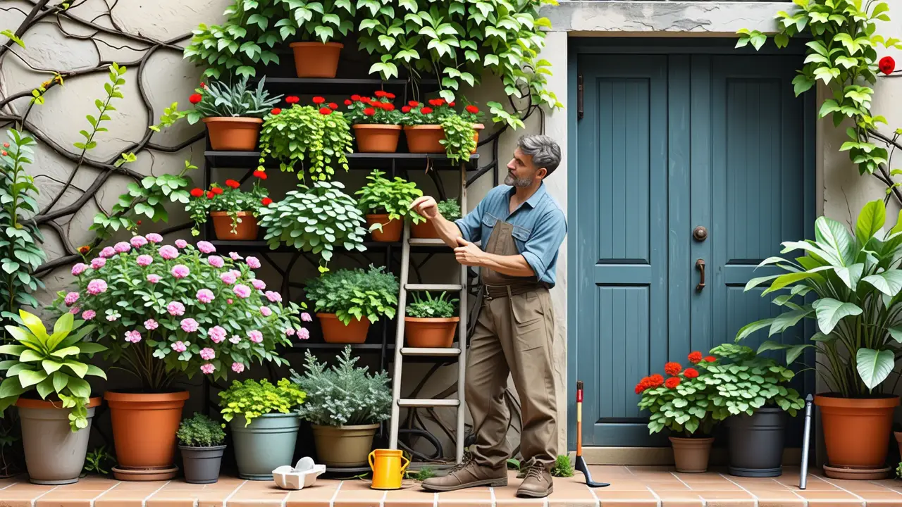 Como hacer jardín vertical casero económico: guía fácil 4 Un hombre en patio español cuida la naturaleza