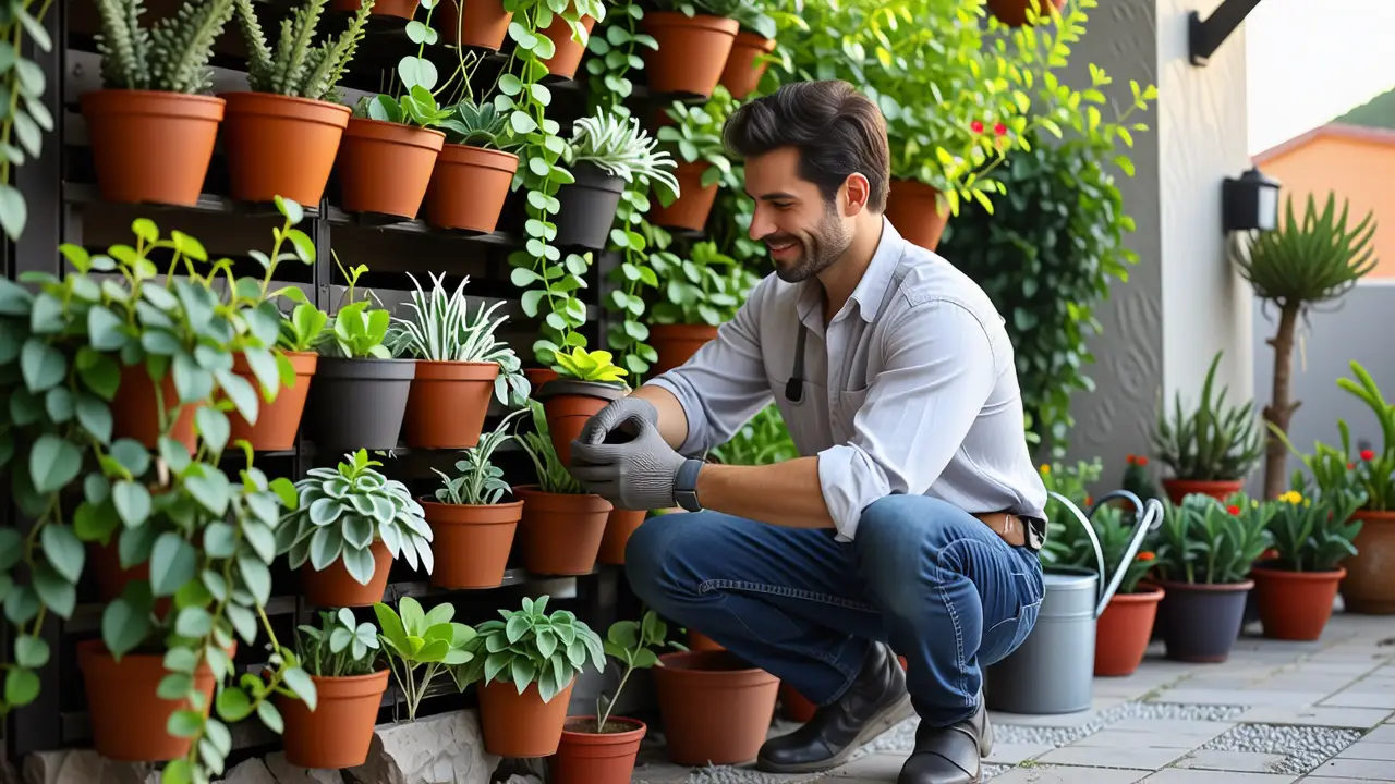 Como hacer jardín vertical casero económico: guía fácil 3 Un hombre en un jardín mediterráneo realista