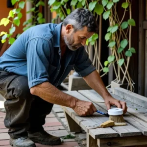 Un hombre español aplica barniz en patio soleado