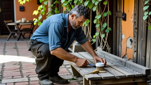 Un hombre español aplica barniz en patio soleado
