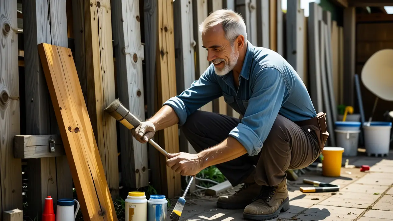 Un pintor realista aplica sellador en madera soleada