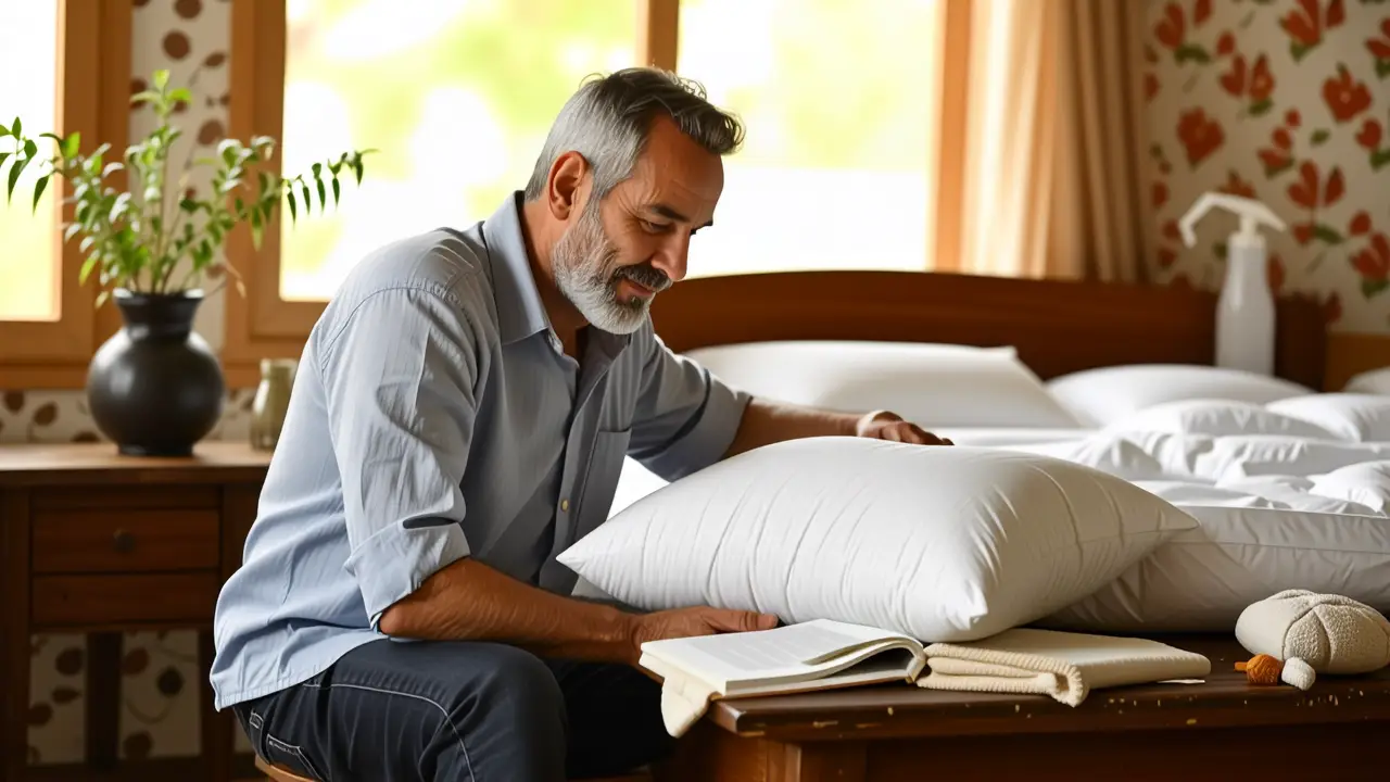 Como lavar almohadas de plumas: guía completa 4 Un hombre examina una almohada en un ambiente cálido