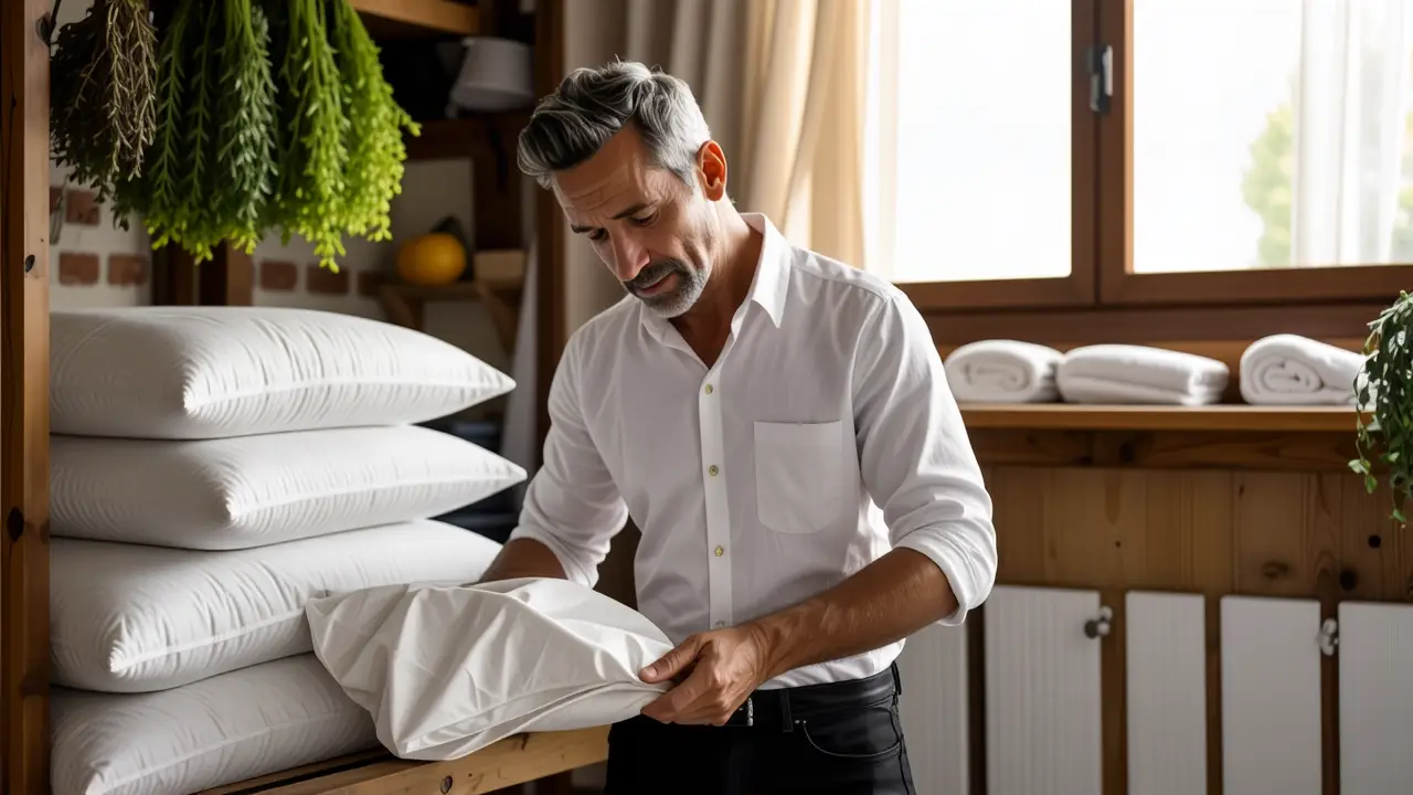 Como lavar almohadas de plumas: guía completa 3 Un hombre español transmite calma en una lavandería rural