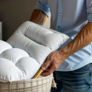 Hombre lava almohada en cocina cálida