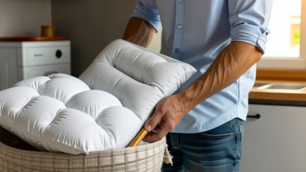 Hombre lava almohada en cocina cálida