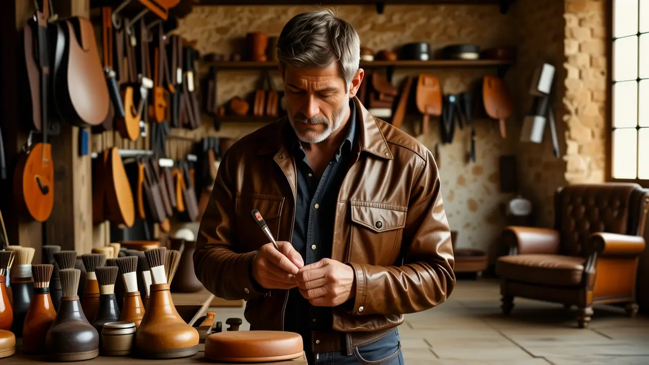 Un hombre español contempla su chaqueta en un taller rústico