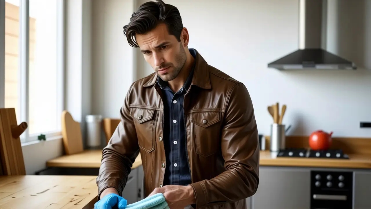 Un hombre joven limpia con preocupación en cocina