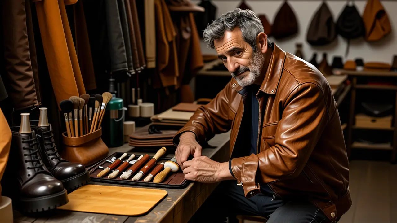 Un hombre español reflexivo limpia su chaqueta vintage