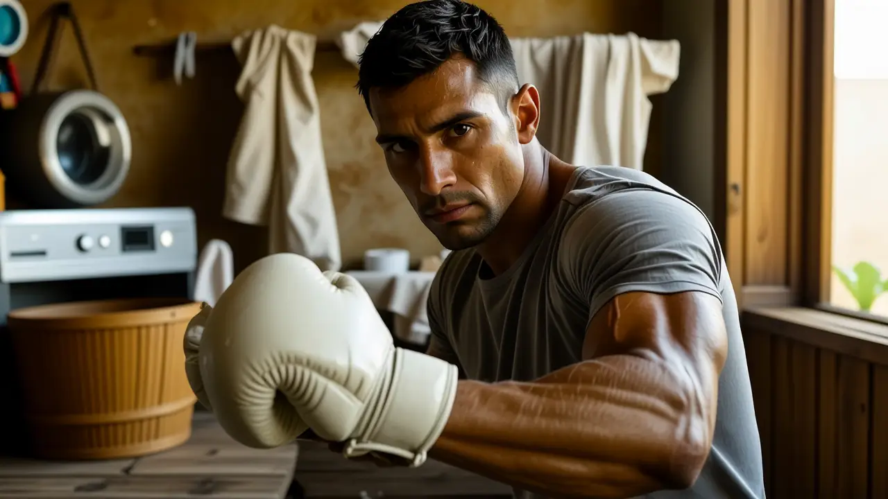 Como lavar guantes de boxeo: guía completa 2 Un boxeador español realista transmite determinación en la lavandería