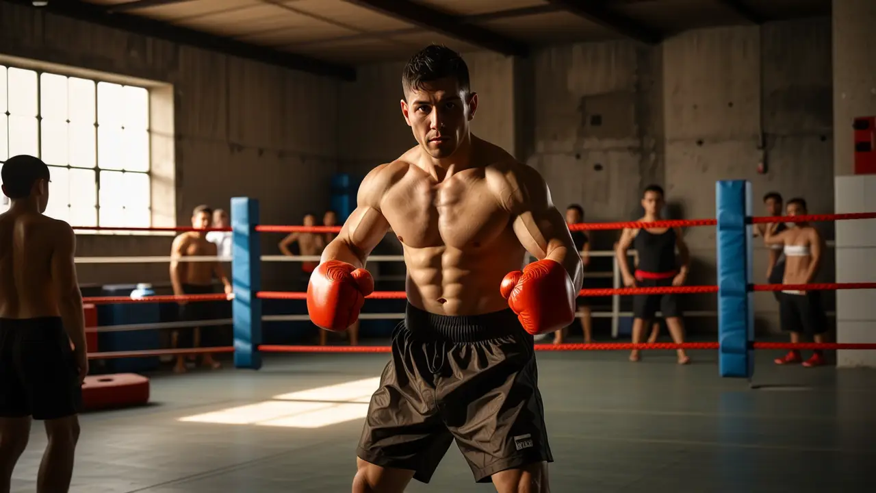 Como lavar guantes de boxeo: guía completa 3 Fotografía realista captura la intensidad de un boxeador español