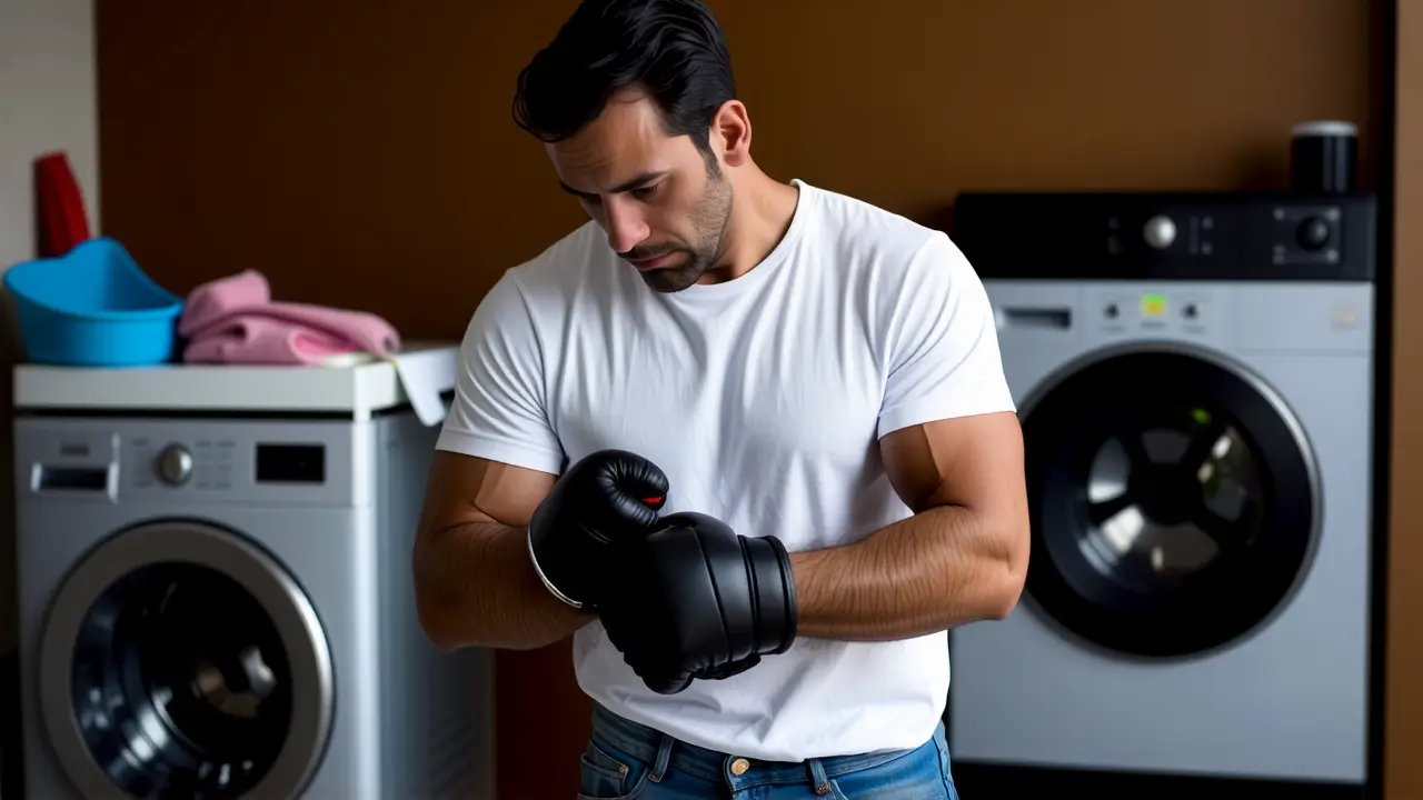 Como lavar guantes de boxeo: guía completa 5 Hombre pensativo con guantes de boxeo en casa
