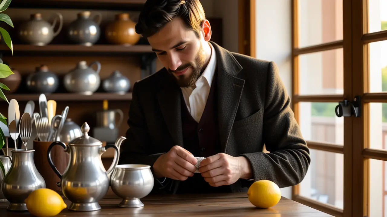 Limpiar Plata Casero: Brillo Original en Casa 5 Un hombre español puliendo plata en cocina