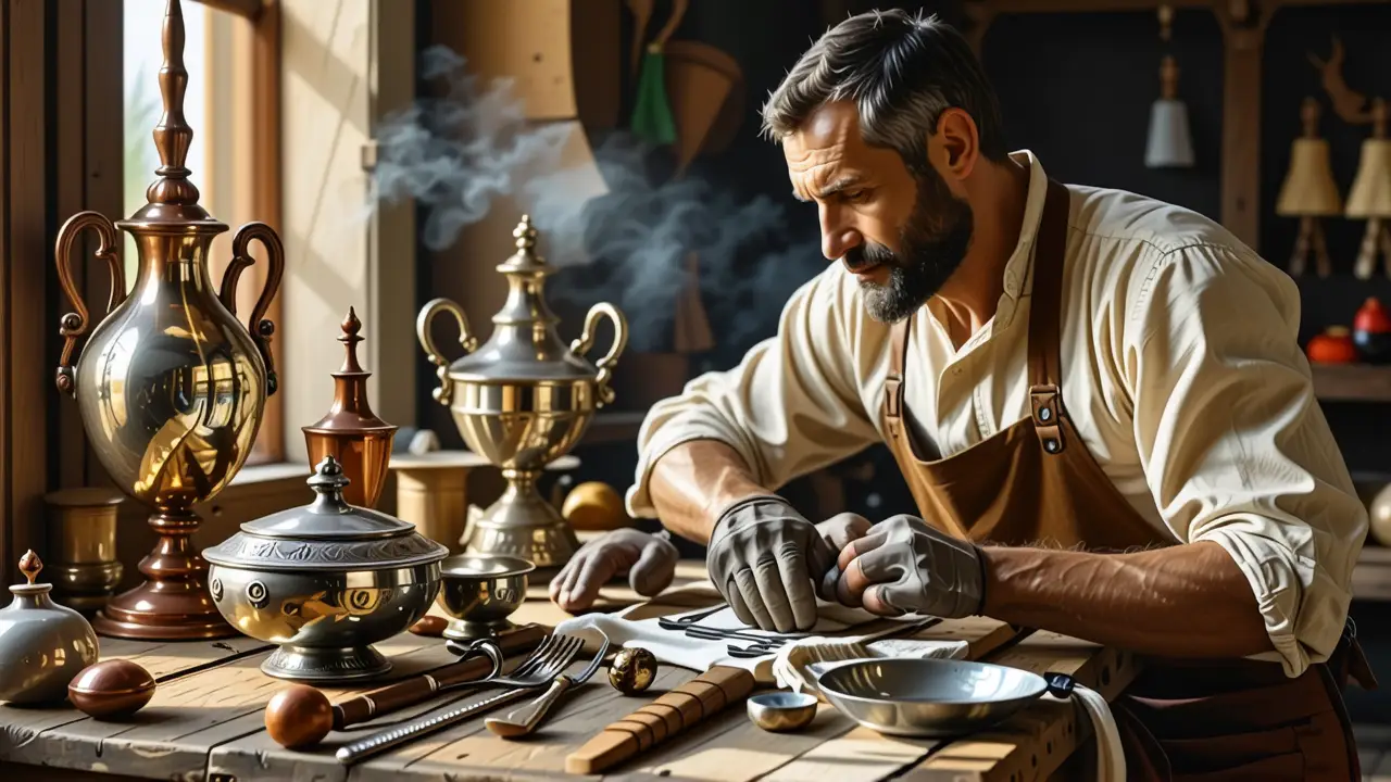 Limpiar Plata Casero: Brillo Original en Casa 4 Un hombre español puliendo plata en luz cálida