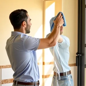 Un hombre limpia con cuidado en casa