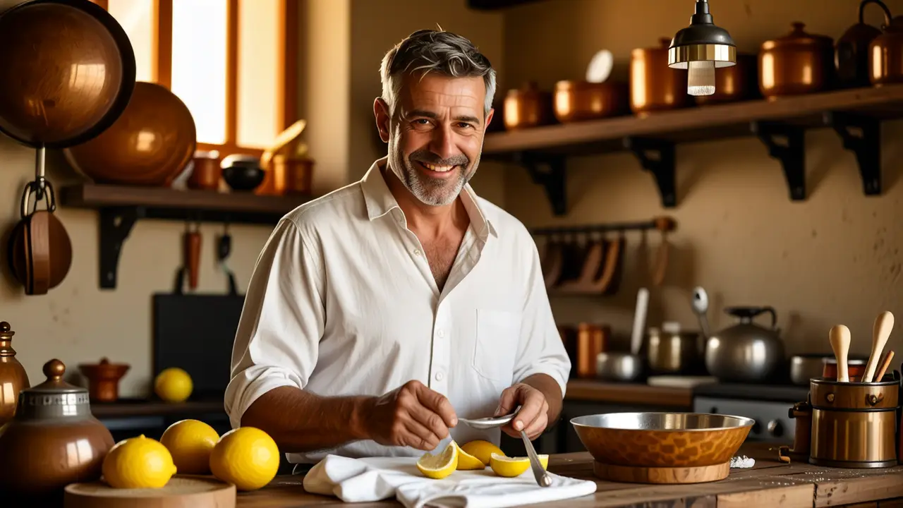 Limpiar Plata Casero: Brillo Original en Casa 2 Un hombre español examina plata en cocina rústica