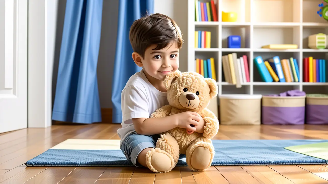 Un niño sonríe con su oso en casa