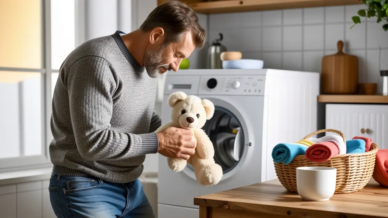 Un hombre amable carga un osito en la lavadora