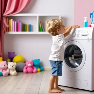 Un niño sonríe mientras carga un juguete en la lavadora