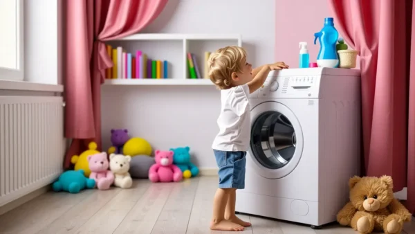 Un niño sonríe mientras carga un juguete en la lavadora