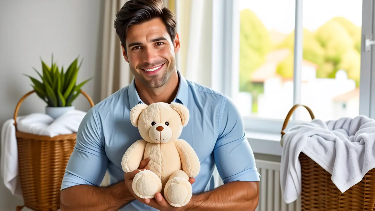 Hombre sonriente sostiene un oso en casa