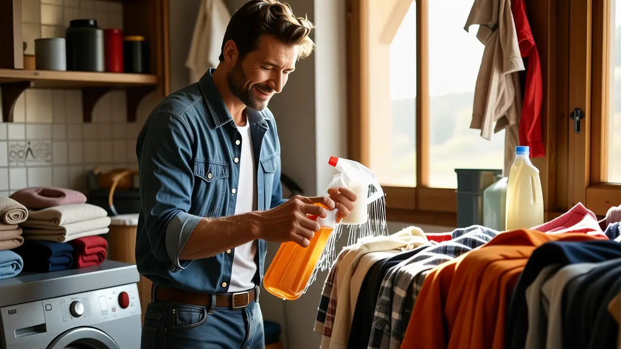 Como lavar plumíferos en lavadora: guía fácil 3 Un hombre español limpia con cuidado en luz cálida