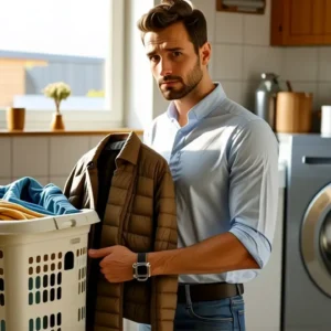 Un hombre contempla ropa en una cocina cálida