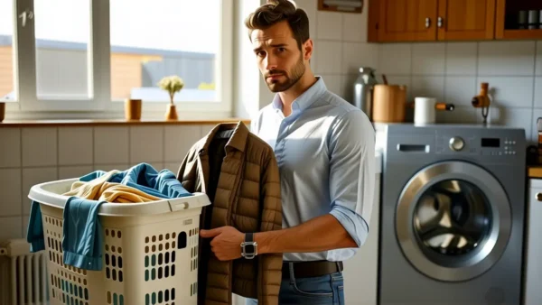 Como lavar plumíferos en lavadora: guía fácil 1 Un hombre contempla ropa en una cocina cálida