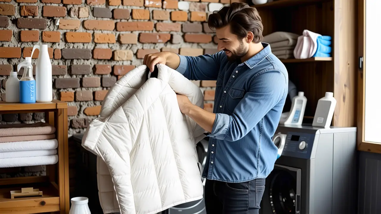 Como lavar plumíferos en lavadora: guía fácil 2 Un hombre examina una chaqueta en un lavadero acogedor