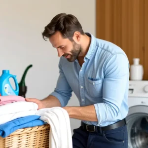 Un hombre español examina ropa con calidez y detalle