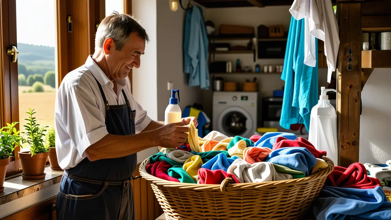 Un hombre español examina la tela en casa