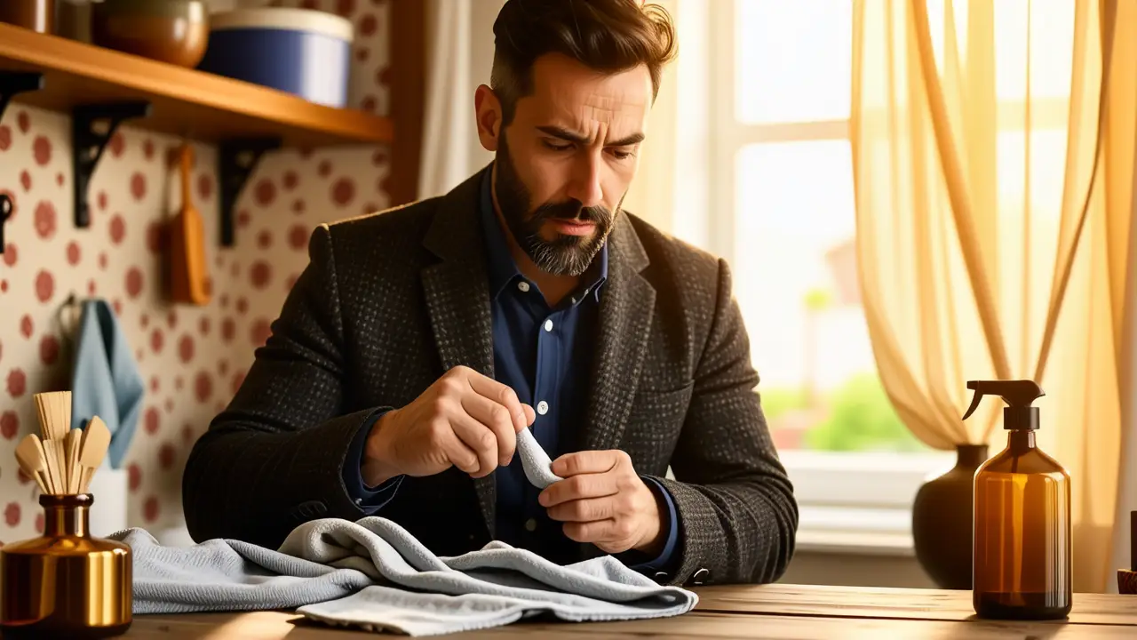 Como limpiar abrigos de pano: guía completa 4 Un hombre examina un abrigo en luz cálida