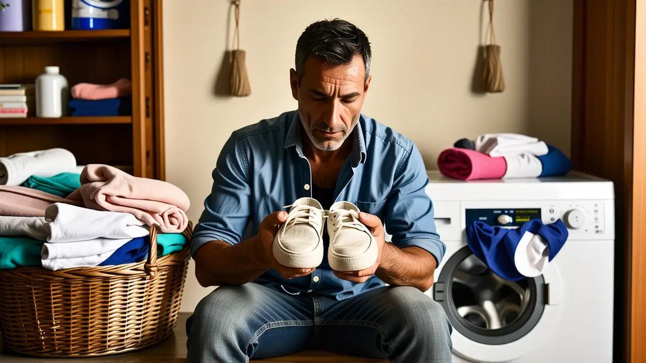 Como limpiar alpargatas: guía completa y fácil 5 Un hombre español contempla zapatos en un lavadero cálido