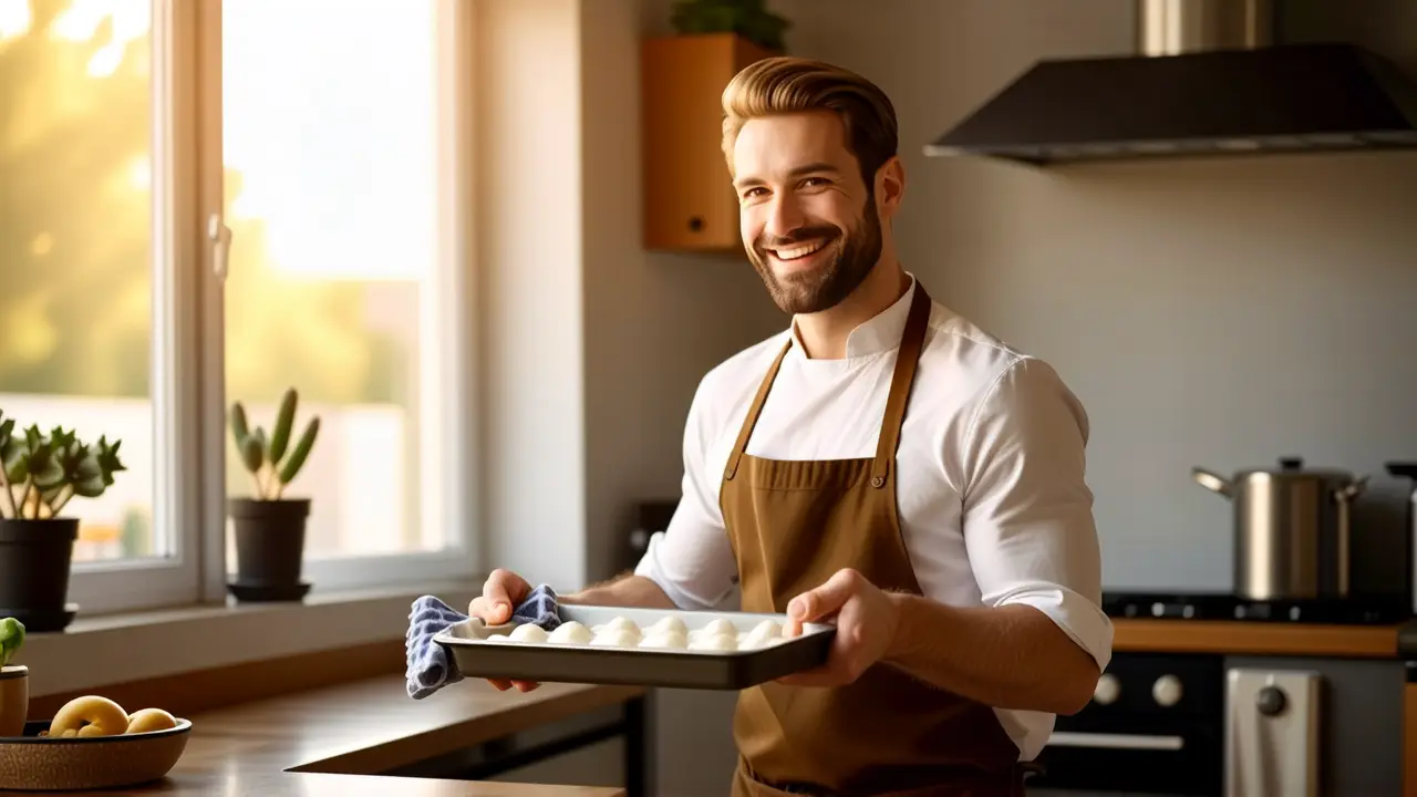 Un hombre sonríe limpiando en una cocina cálida