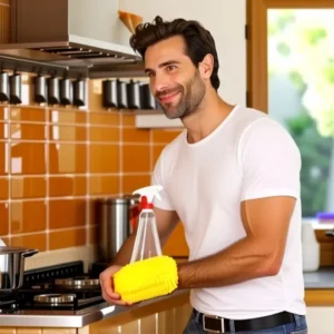 Como limpiar bandeja del horno: Guía completa 9 Un hombre blanco limpia con atención la cocina