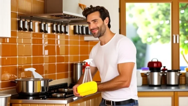 Un hombre blanco limpia con atención la cocina