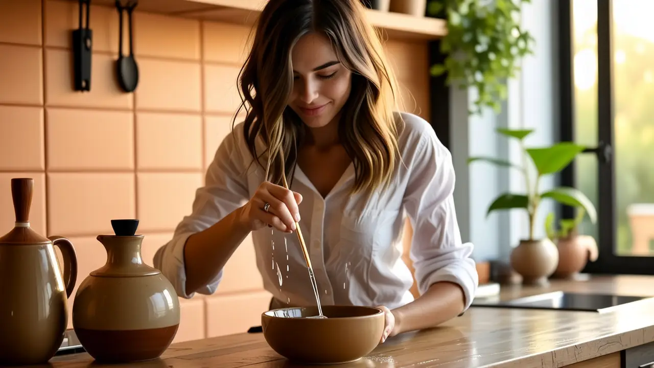 Una mujer española realista lava un pincel en luz cálida