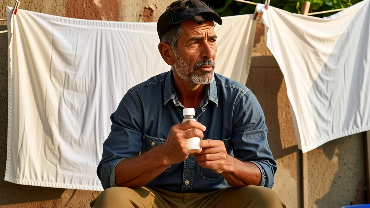 Un hombre pensativo sostiene alcohol en un paisaje cálido