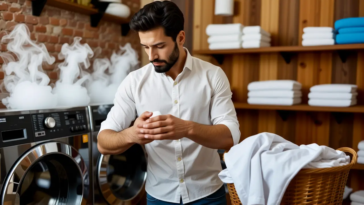 Un hombre examina ropa en luz cálida