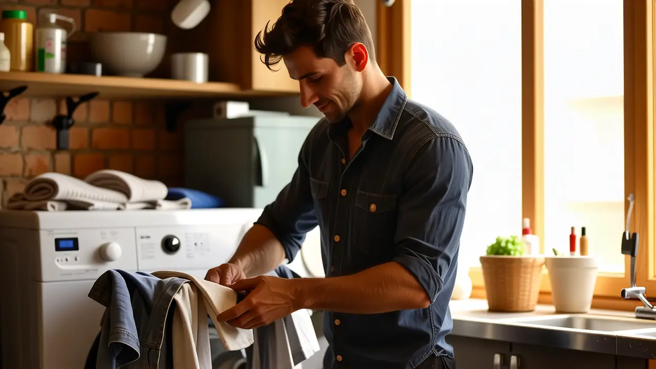 Un hombre español limpia ropa con cuidado