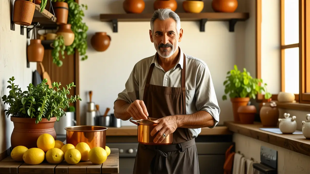 Un hombre español amable limpia su olla
