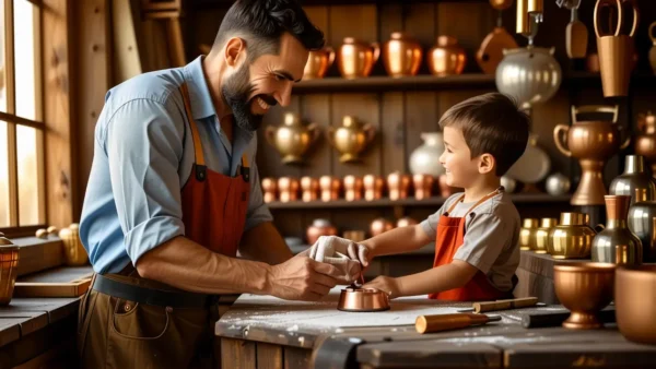 Un hombre ayuda a un aprendiz en taller