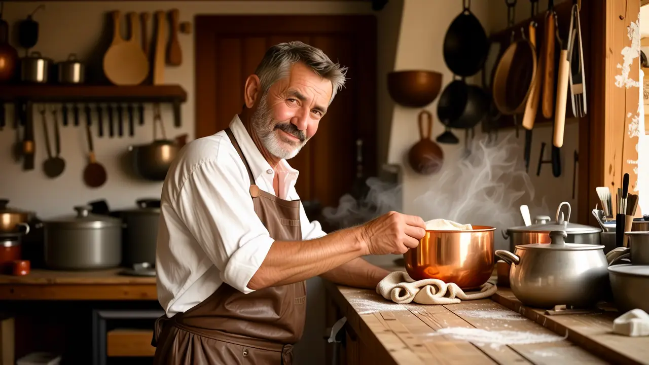 Un hombre español puliendo cobre en luz dorada
