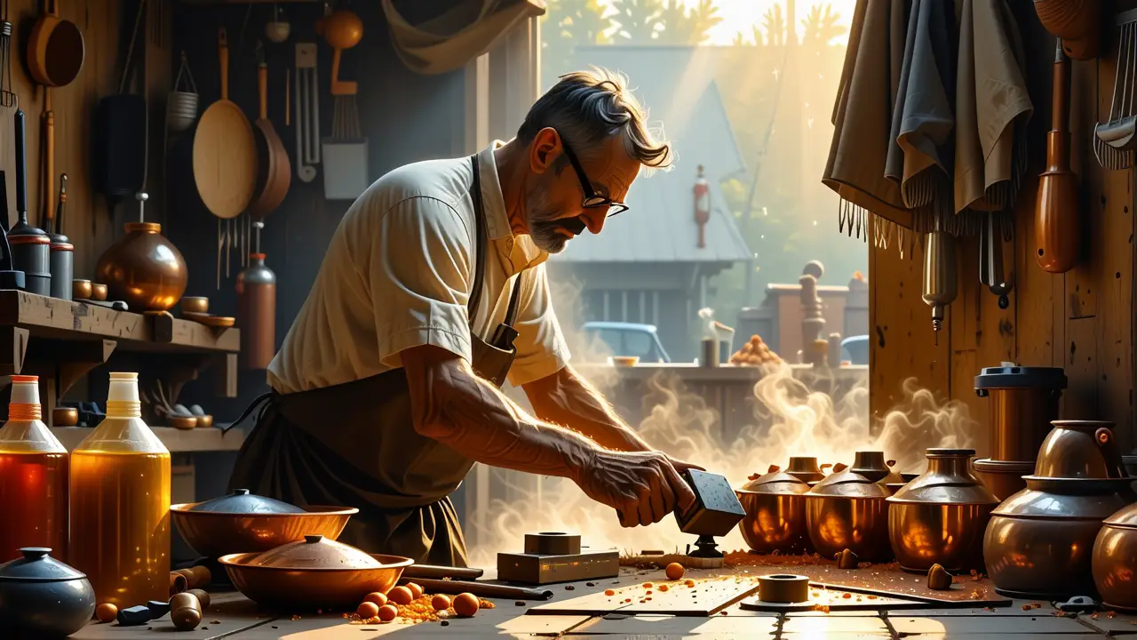 Un pintor realista limpia cobre con seriedad