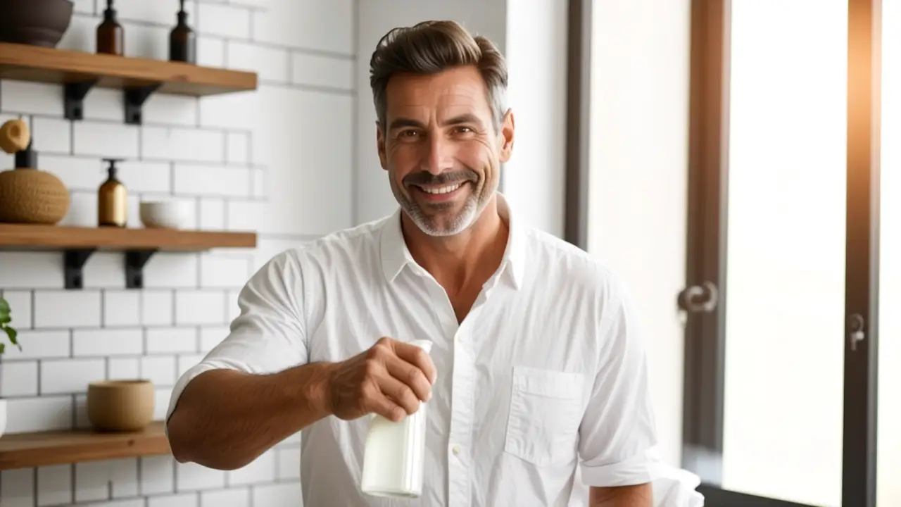 Un hombre español limpia con cuidado en un baño luminoso