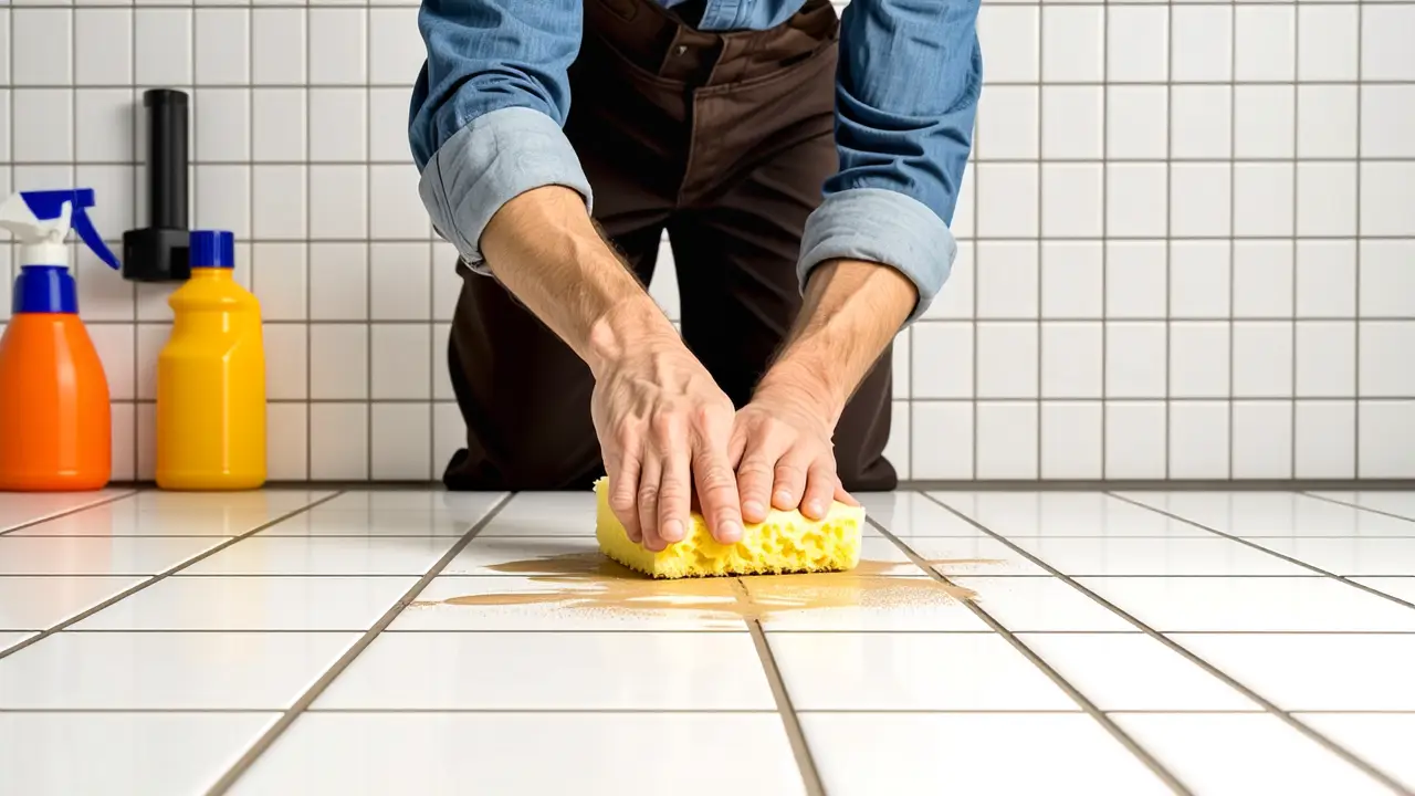 Un hombre limpia el baño con determinación