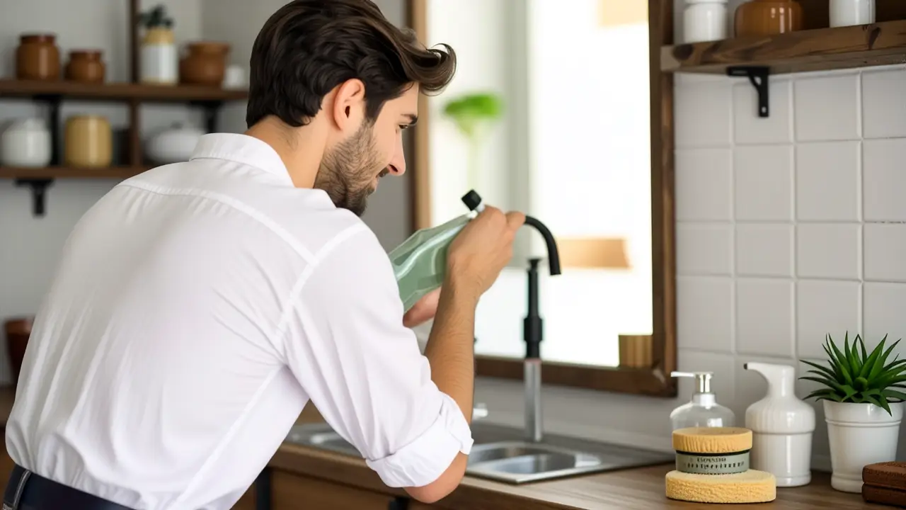 Un hombre en la cocina limpia con cuidado